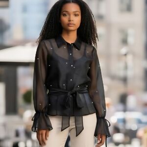 Joseph Ribkoff Black Sheer Organza Blouse Faux Pearls Bell Sleeve Tie Waist NWT4